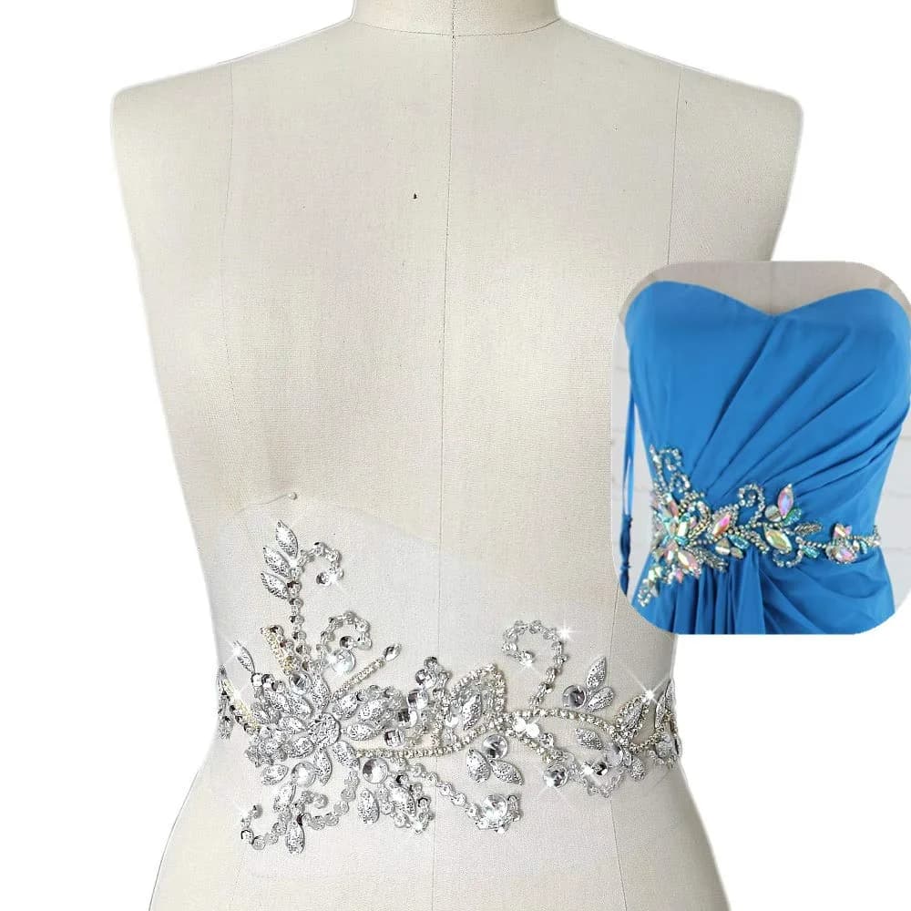 succi shan 17x38cm Sew on Sequin Rhinestones Belt Crystal Appliques for DIY Costume Dress | Floral Embroidered Patch - main product image
