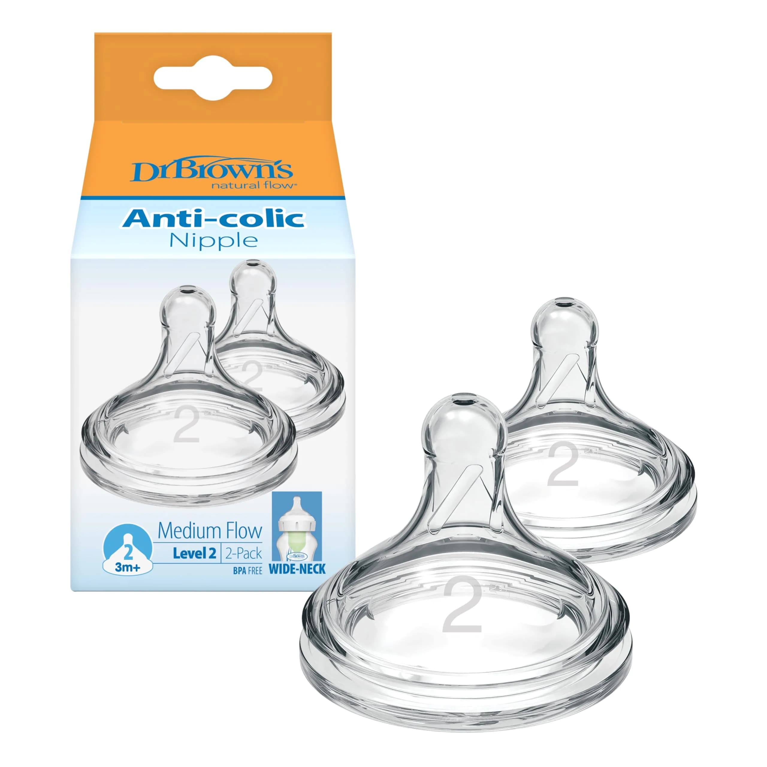 Dr. Brown’s Wide-Neck Level 2 Medium Flow Nipple, 3m+, 2-Pack | Silicone, Anti-Colic, Natural Flow, 2 Count