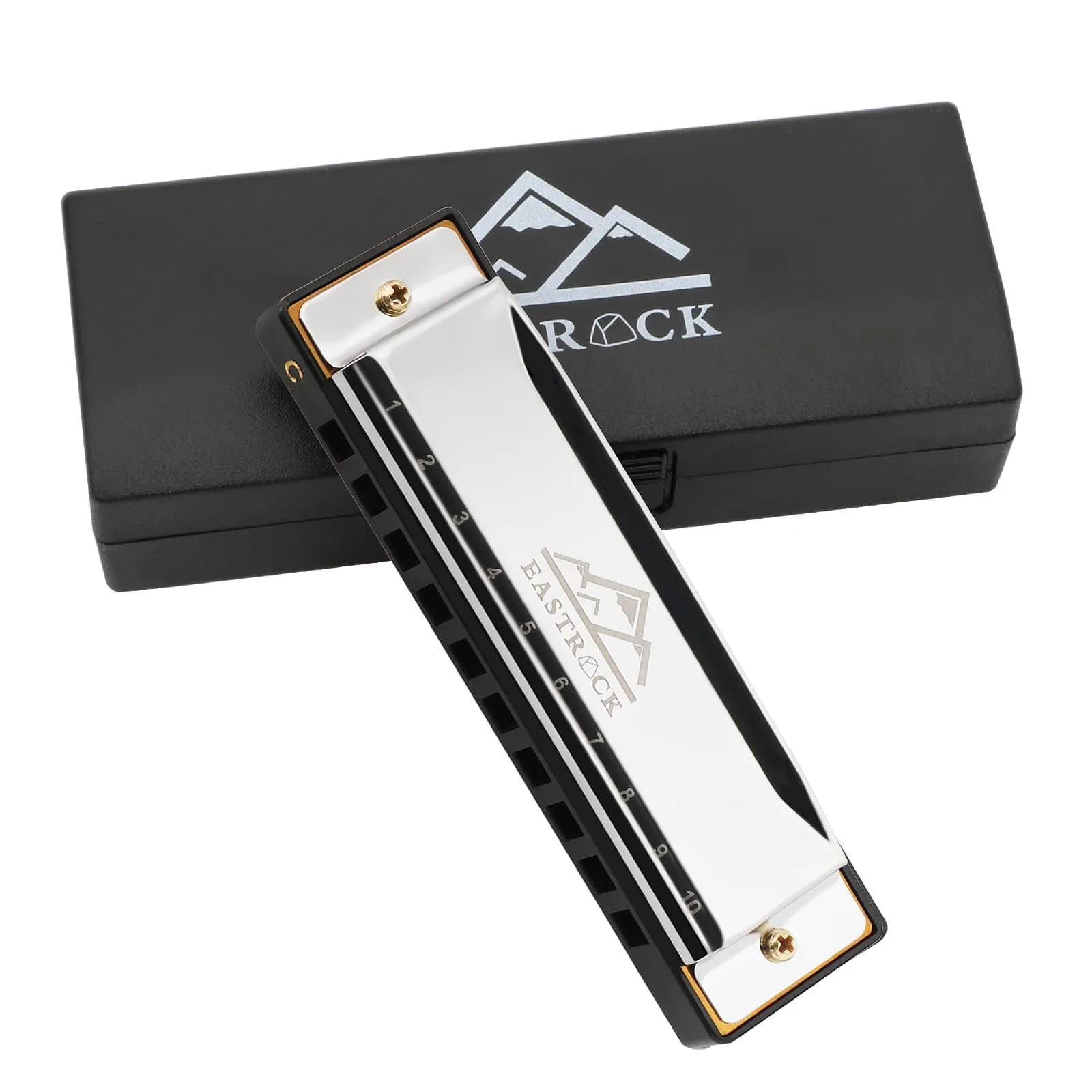 EASTROCK 10 Hole Blues Harmonica C Key Silver with Case | Diatonic Mouth Organ Phosphor Bronze Reeds - main product image