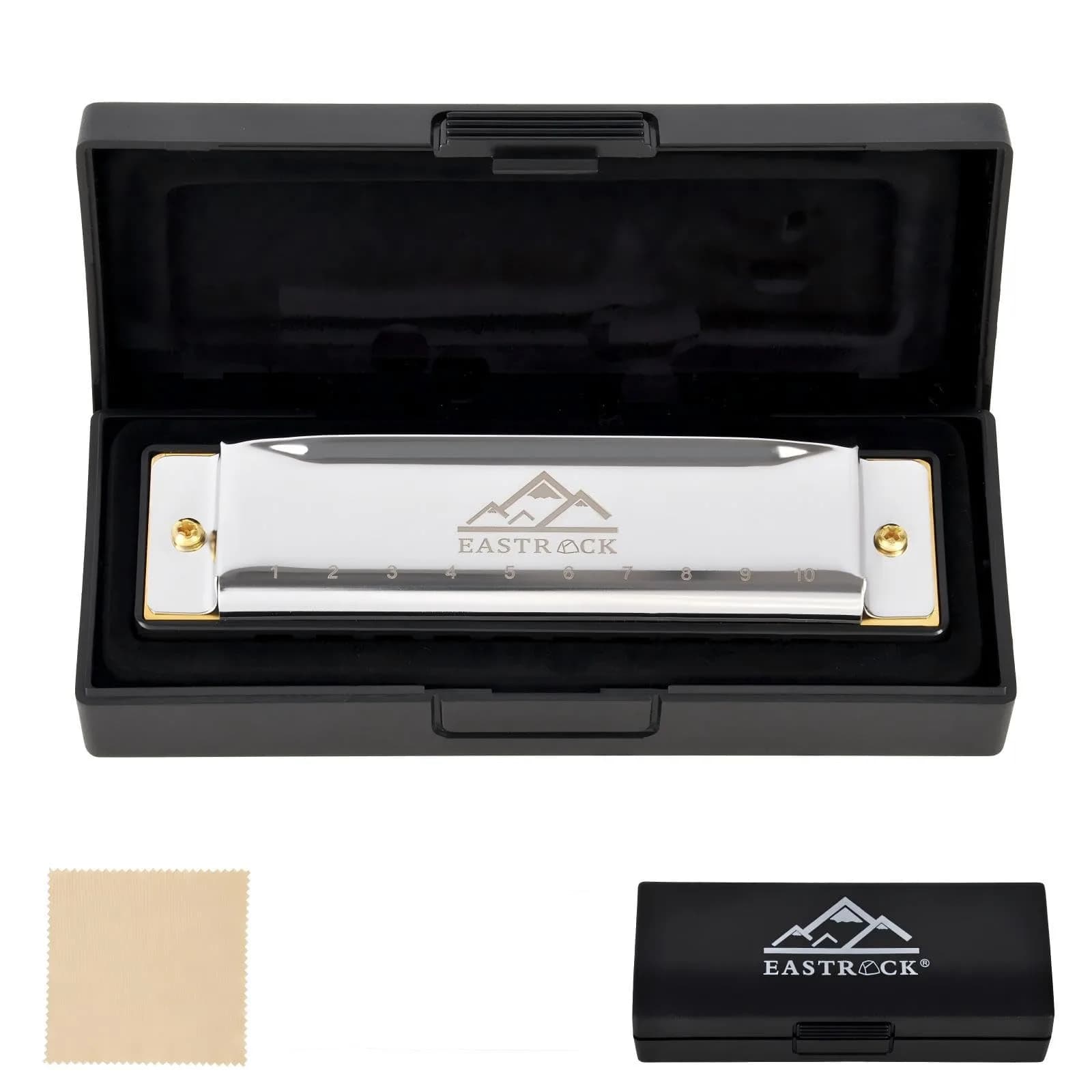 EASTROCK 10 Hole Blues Harmonica C Key Silver with Case | Diatonic Mouth Organ Phosphor Bronze Reeds - view 5