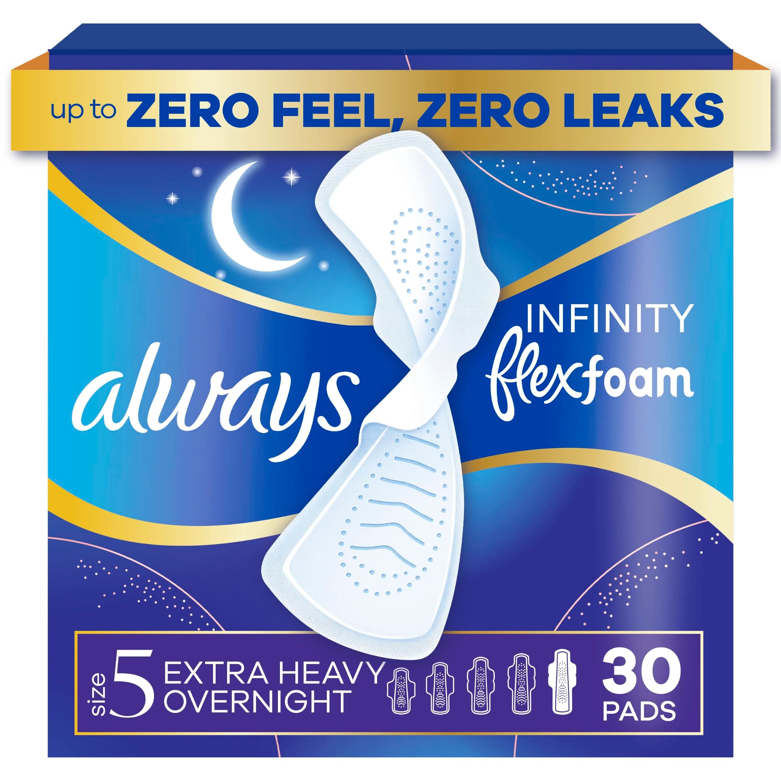 Always Infinity FlexFoam Feminine Pads Size 5 Extra Heavy Overnight Unscented with Wings 30 Count | Dermatologist Tested - main product image