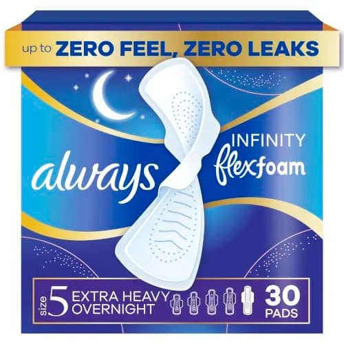 Always Infinity FlexFoam Feminine Pads Size 5 Extra Heavy Overnight Unscented with Wings 30 Count | Dermatologist Tested thumbnail 1