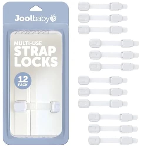 Jool Baby Child Safety Strap Locks (12 Pack) Baby Proof Cabinets, Drawers, Fridge, Toilet & Trash Cans – 3M Adhesive Childproof Locks thumbnail 1