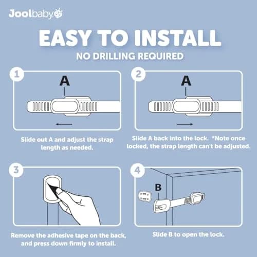 Jool Baby Child Safety Strap Locks (12 Pack) Baby Proof Cabinets, Drawers, Fridge, Toilet & Trash Cans – 3M Adhesive Childproof Locks thumbnail 5