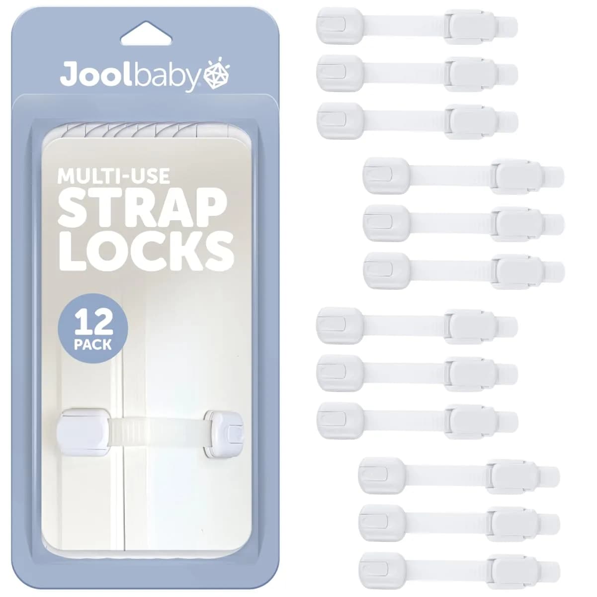 Jool Baby Child Safety Strap Locks (12 Pack) Baby Proof Cabinets, Drawers, Fridge, Toilet & Trash Cans – 3M Adhesive Childproof Locks
