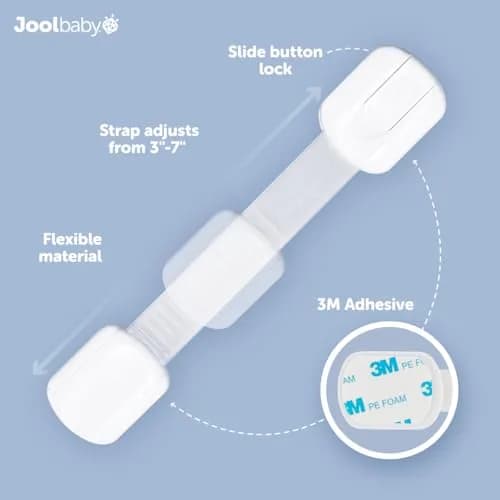 Jool Baby Child Safety Strap Locks (12 Pack) Baby Proof Cabinets, Drawers, Fridge, Toilet & Trash Cans – 3M Adhesive Childproof Locks thumbnail 3