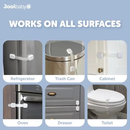 Jool Baby Child Safety Strap Locks (12 Pack) Baby Proof Cabinets, Drawers, Fridge, Toilet & Trash Cans – 3M Adhesive Childproof Locks thumbnail 4
