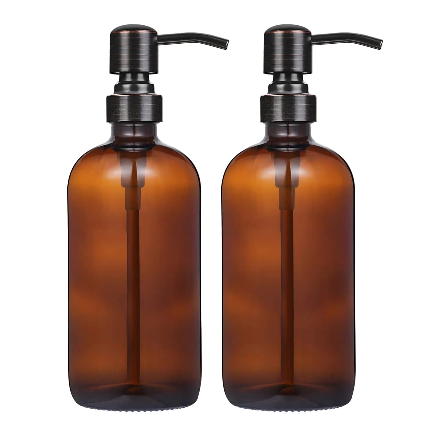 CHBJDAN Amber Glass Soap Dispenser 2-Pack 500ml (16 Fl Oz) | Vintage Style with Oil Rubbed Bronze Pumps — Black and Clear