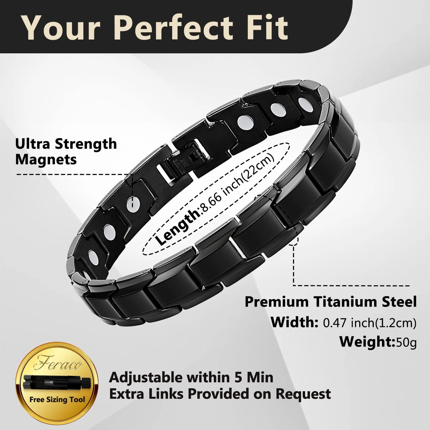 Feraco Mens Magnetic Bracelet 22cm (8.66 inch) | 18 Neodymium Magnets for Wrist Therapy - view 2