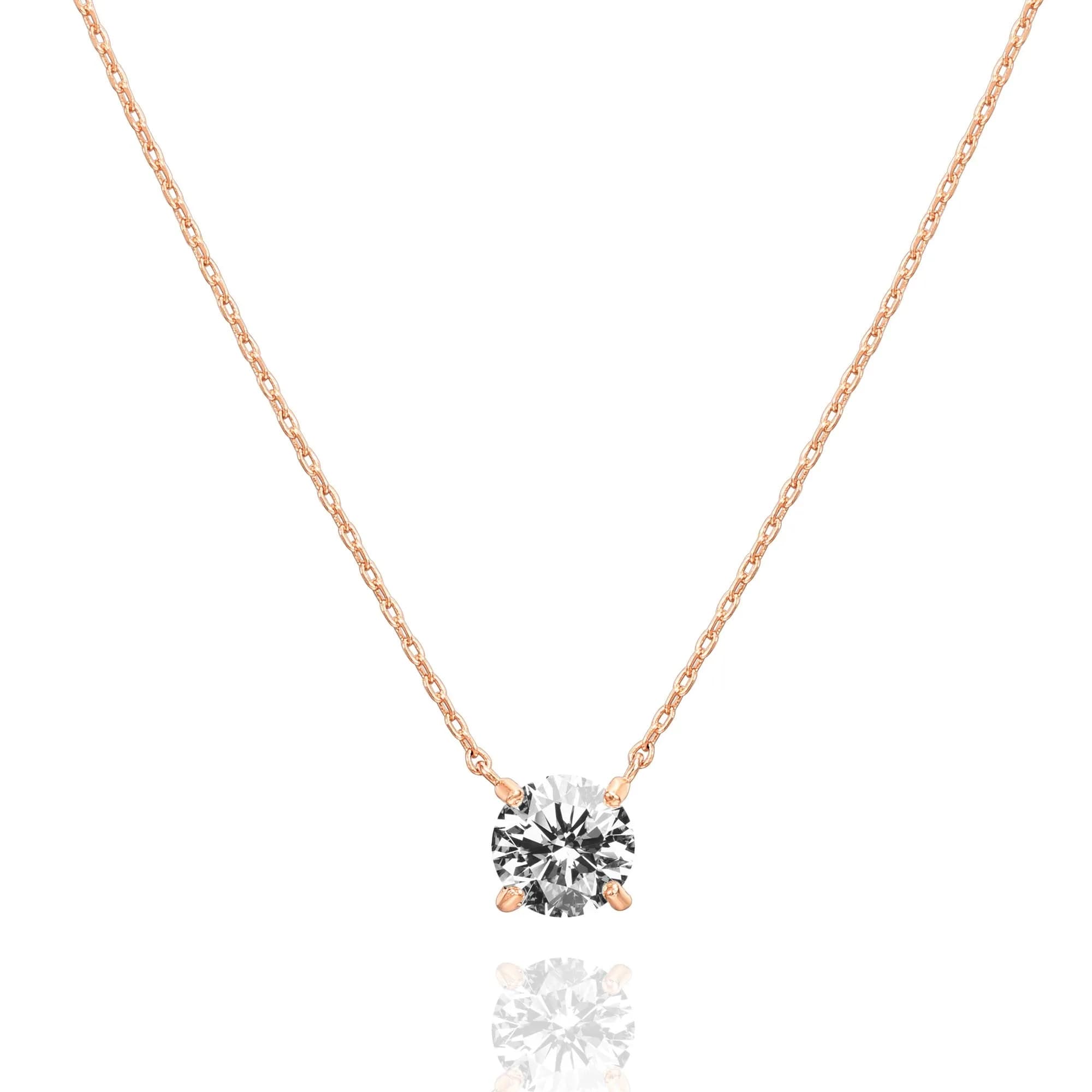 PAVOI CZ Dainty Solitaire Choker Necklace, 14K Gold Plated, Rose Gold, R | Elegant 18in Pendant for Women — Rose Gold