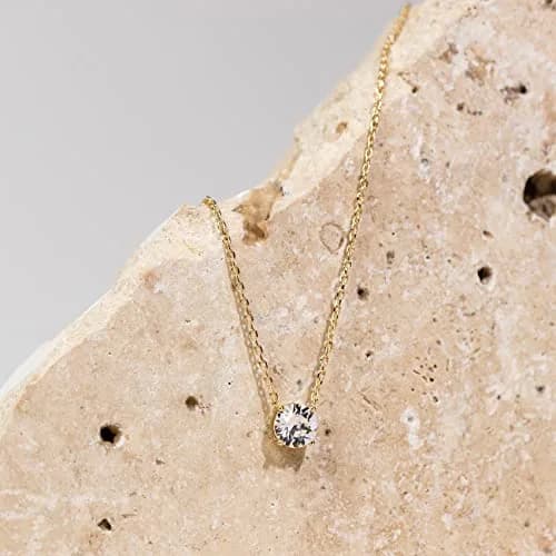 PAVOI CZ Dainty Solitaire Choker Necklace, 14K Gold Plated, Rose Gold, R | Elegant 18in Pendant for Women thumbnail 4