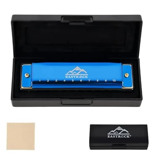 EASTROCK 10 Hole Blues Harmonica C Key Blue with Case | Diatonic Mouth Organ Phosphor Bronze Reeds thumbnail 4