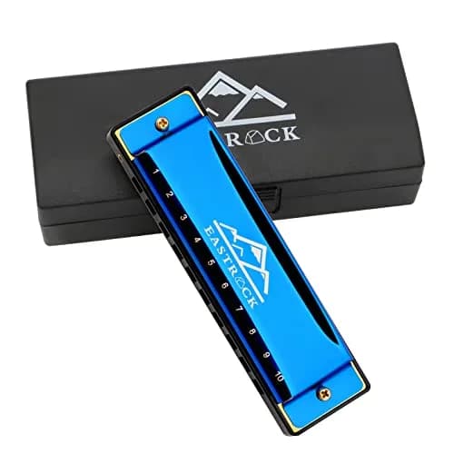 EASTROCK 10 Hole Blues Harmonica C Key Blue with Case | Diatonic Mouth Organ Phosphor Bronze Reeds thumbnail 1