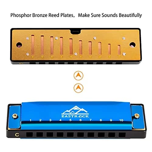 EASTROCK 10 Hole Blues Harmonica C Key Blue with Case | Diatonic Mouth Organ Phosphor Bronze Reeds thumbnail 3