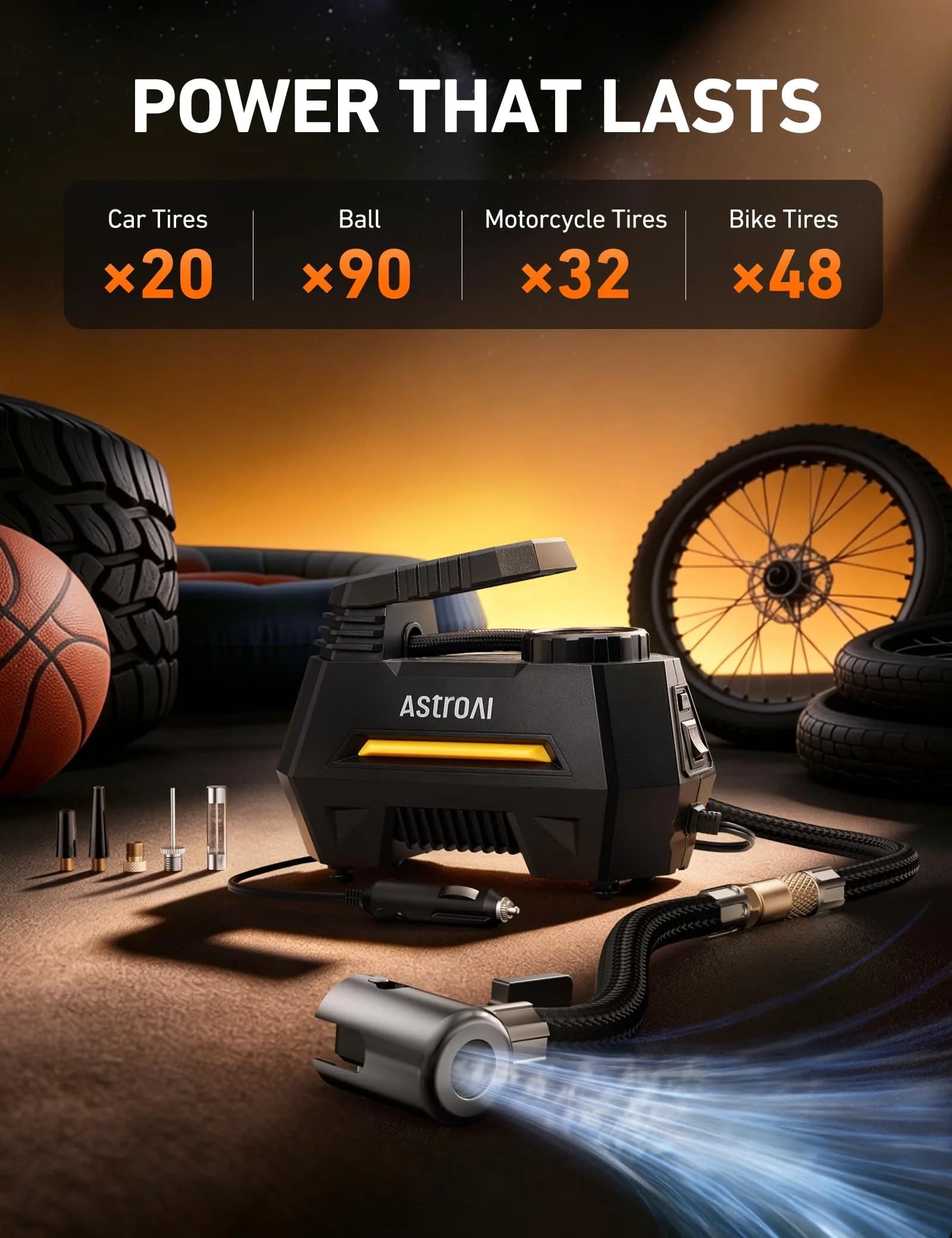AstroAI AIRUN H Tire Inflator Portable Air Compressor 12V DC | 35L/min Airflow, 100 PSI Max Pressure - view 4