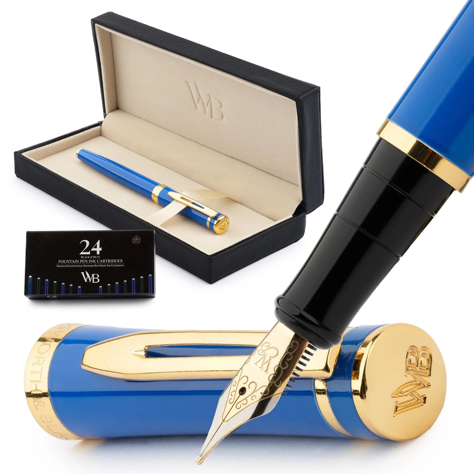 Wordsworth & Black Luxury Fountain Pen Set for Writing, Medium Nib, Blue | Brass & Gold Finish, Refillable, Perfect for Calligraphy & Journaling — Imperial Blue