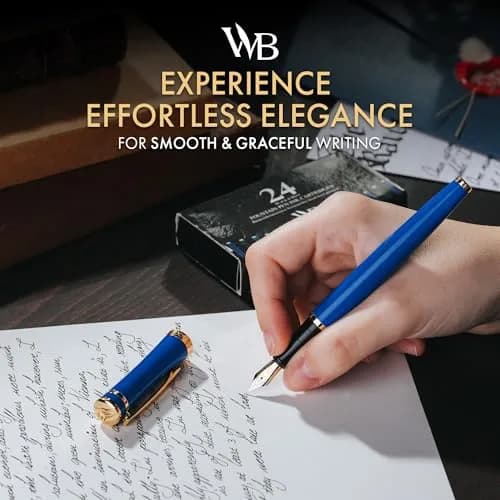 Wordsworth & Black Luxury Fountain Pen Set for Writing, Medium Nib, Blue | Brass & Gold Finish, Refillable, Perfect for Calligraphy & Journaling thumbnail 2