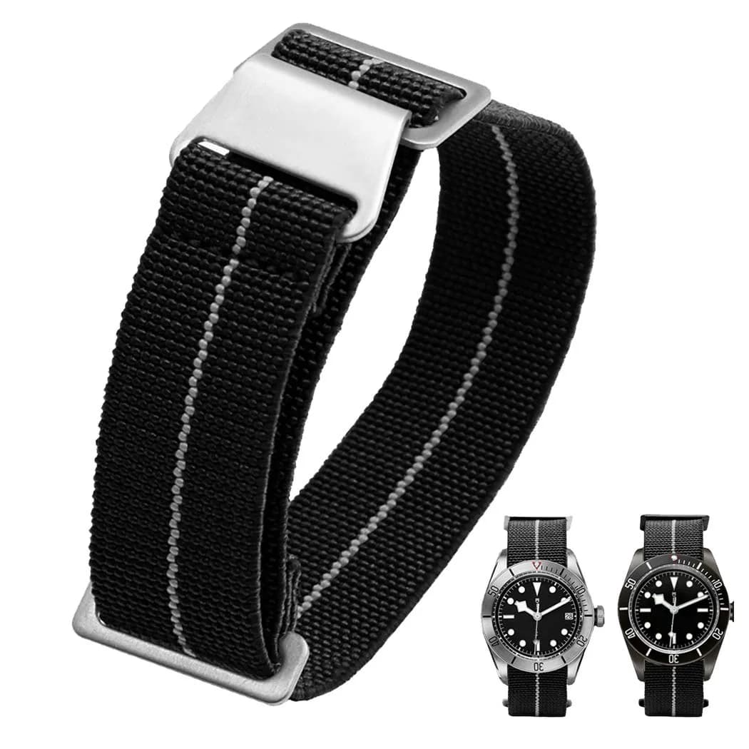 NIBD Watch Band 20mm Black with White | Elastic Nylon Military Style Strap — Black with White