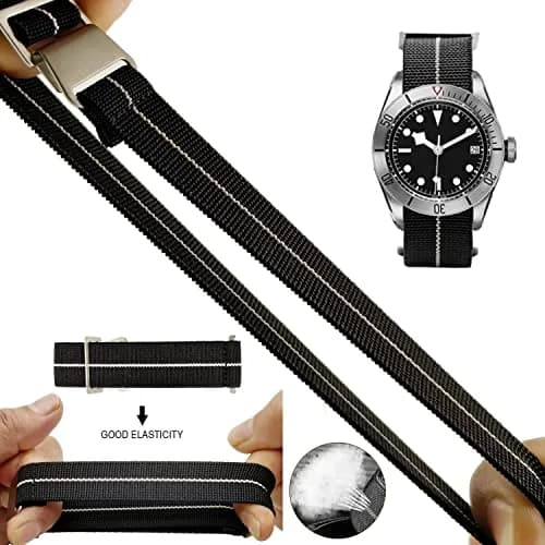 NIBD Watch Band 20mm Black with White | Elastic Nylon Military Style Strap thumbnail 2