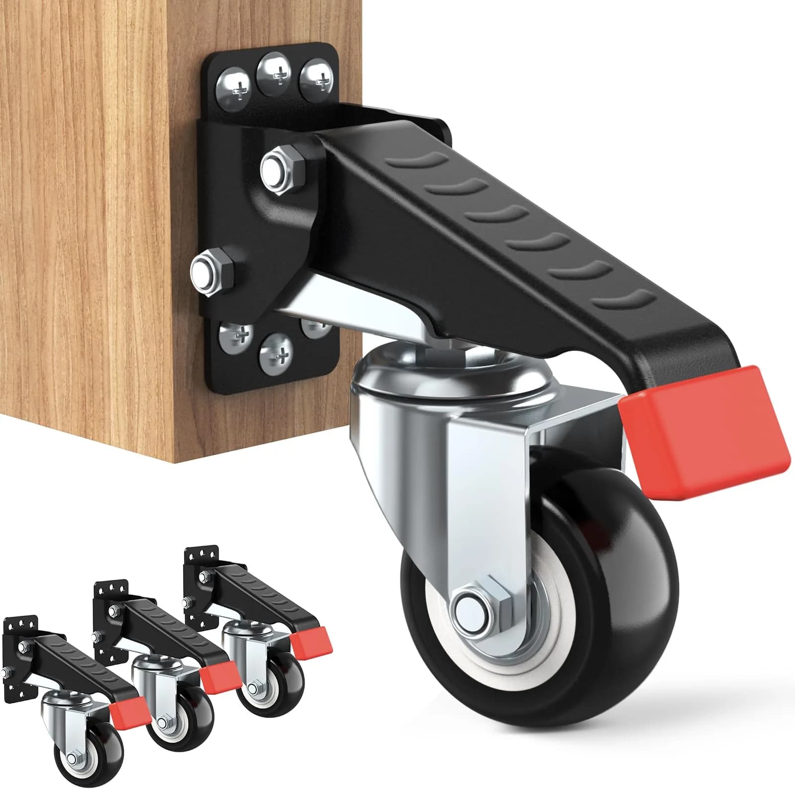SPACEKEEPER Heavy Duty Retractable Workbench Casters Kit 720 Lbs Capacity | 4 Pack Side Mount Swivel Wheels — Black