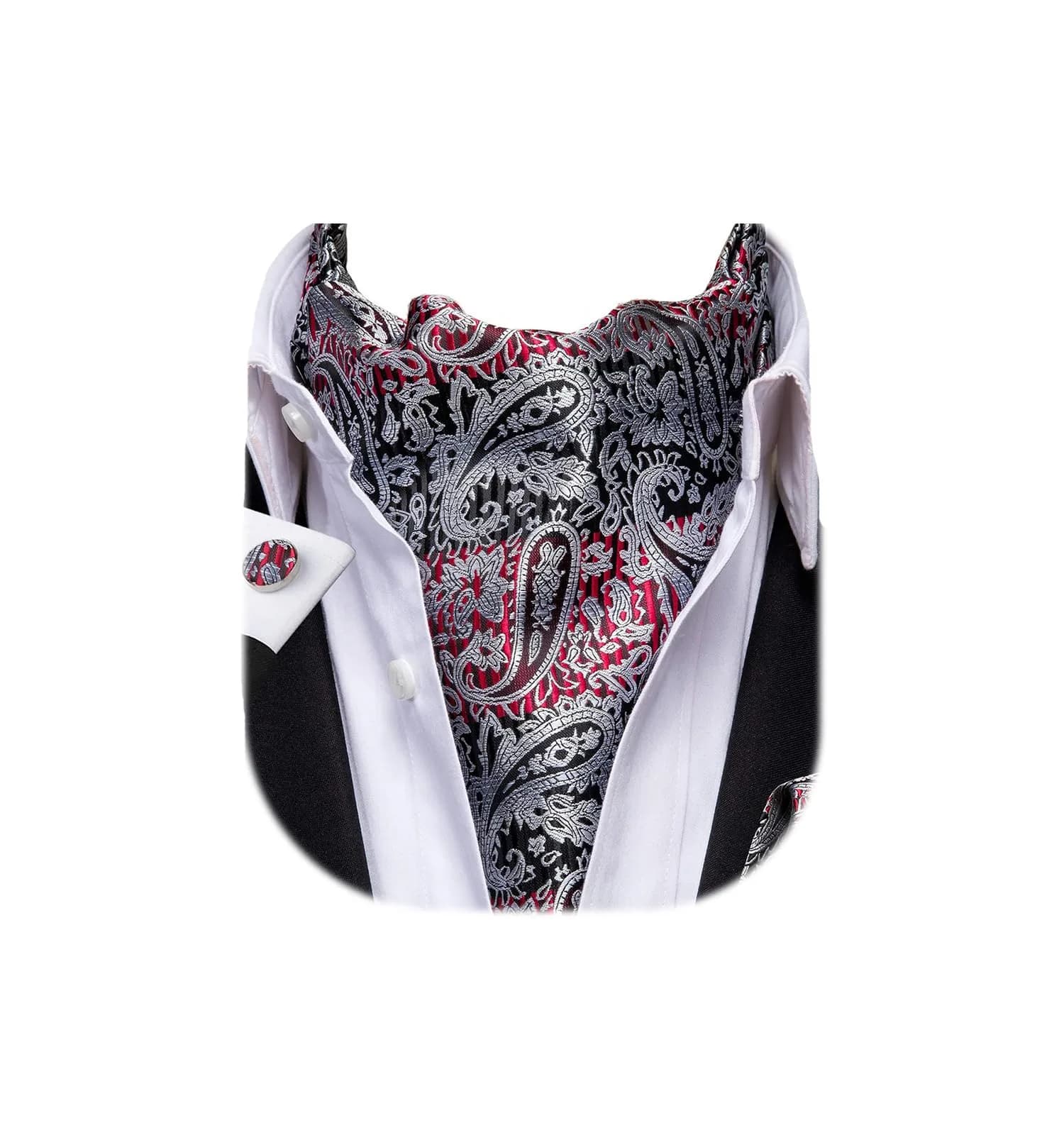 Dubulle Black Grey Red Paisley Ascot Tie Set with Pocket Square & Cufflinks | Men's Formal Business Wedding Accessory — Black Grey Red
