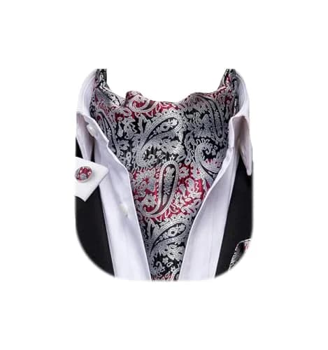 Dubulle Black Grey Red Paisley Ascot Tie Set with Pocket Square & Cufflinks | Men's Formal Business Wedding Accessory thumbnail 1