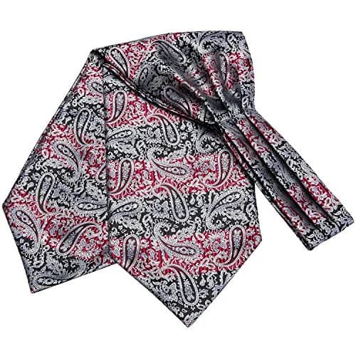 Dubulle Black Grey Red Paisley Ascot Tie Set with Pocket Square & Cufflinks | Men's Formal Business Wedding Accessory thumbnail 6