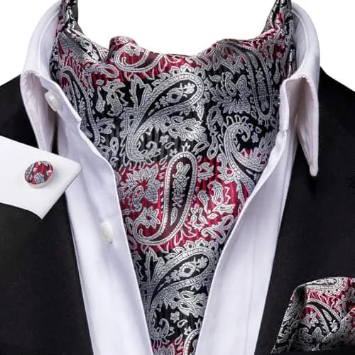 Dubulle Black Grey Red Paisley Ascot Tie Set with Pocket Square & Cufflinks | Men's Formal Business Wedding Accessory thumbnail 2
