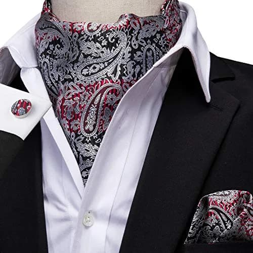 Dubulle Black Grey Red Paisley Ascot Tie Set with Pocket Square & Cufflinks | Men's Formal Business Wedding Accessory thumbnail 3
