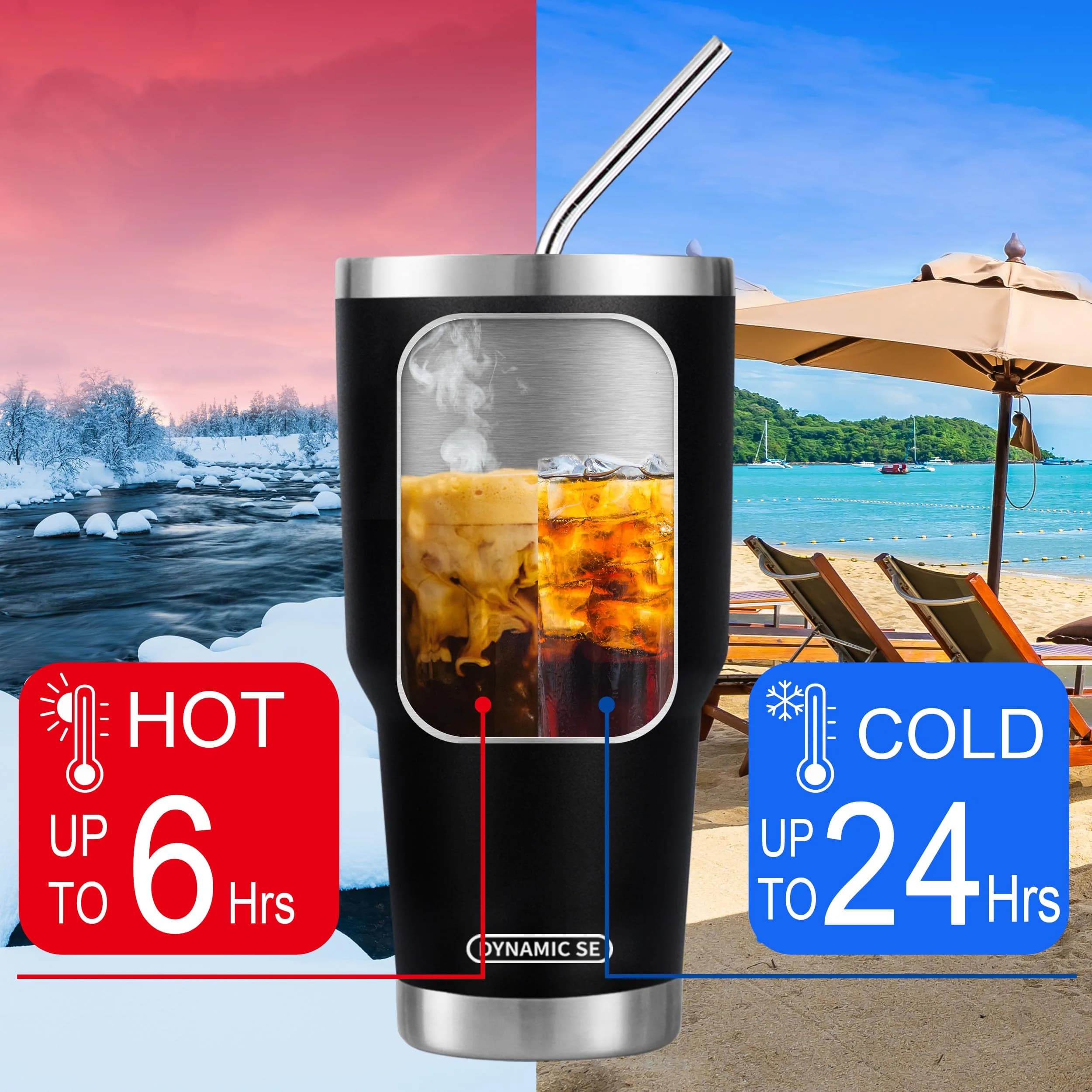 D·S Black 887ml (30 oz) Insulated Tumbler with Straw & Lid | Keeps Drinks Cold 24 Hrs - view 4