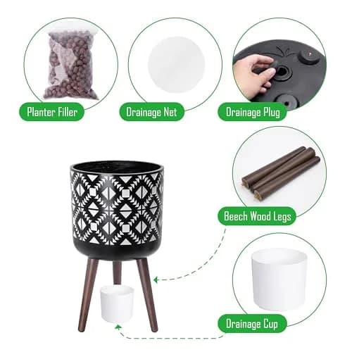 D'vine Dev Planter Pot with Wood Stand 12 in | Mid-Century Modern Indoor Plant Display thumbnail 4