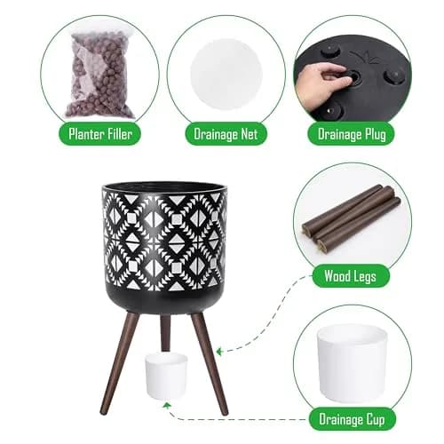 D'vine Dev Planter Pot with Wood Stand 14 in | Mid-Century Modern Indoor Plant Display thumbnail 4