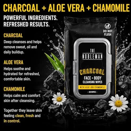 The Nobleman Charcoal Deep Detoxifying Face + Body Cleansing Wipes for Men | Heavy-Duty, Biodegradable, Charcoal Scent thumbnail 6