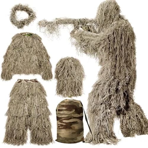 MOPHOTO 5 in 1 Ghillie Suit 3D Camouflage Hunting Suit - Jacket, Pants, Hood, Carry Bag, Adult & Youth, M/L/XL/XXL — Wheat Tan