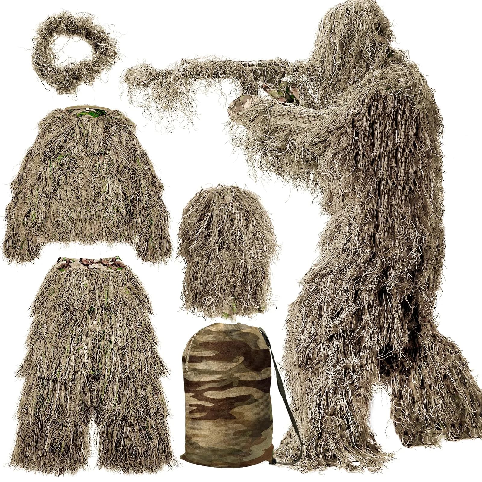 MOPHOTO 5 in 1 Ghillie Suit 3D Camouflage Hunting Suit - Jacket, Pants, Hood, Carry Bag, Adult & Youth, M/L/XL/XXL