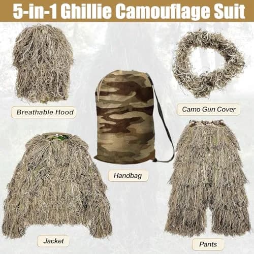 MOPHOTO 5 in 1 Ghillie Suit 3D Camouflage Hunting Suit - Jacket, Pants, Hood, Carry Bag, Adult & Youth, M/L/XL/XXL thumbnail 8