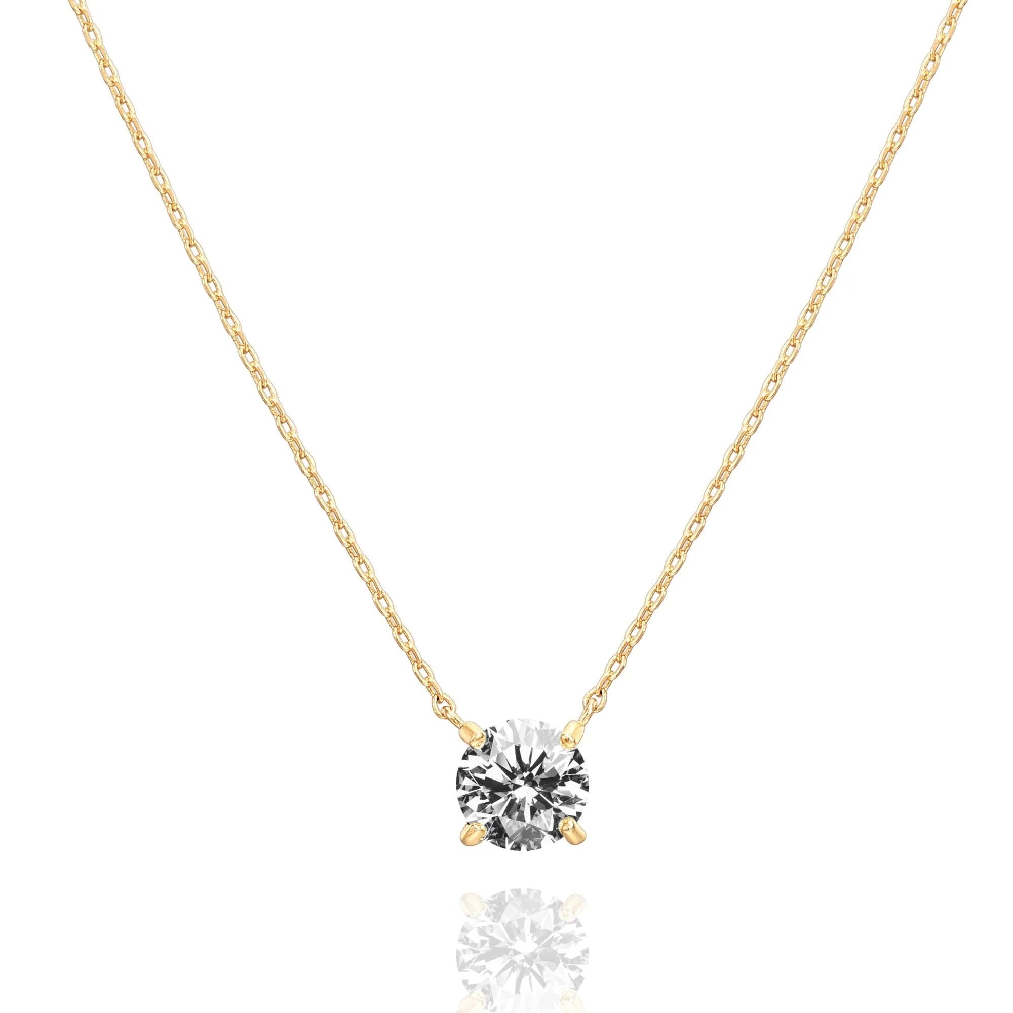 PAVOI CZ Dainty Solitaire Choker Necklace, 14K Gold Plated, Rose Gold, R | 18 Inch Pendant with Cubic Zirconia — Yellow Gold