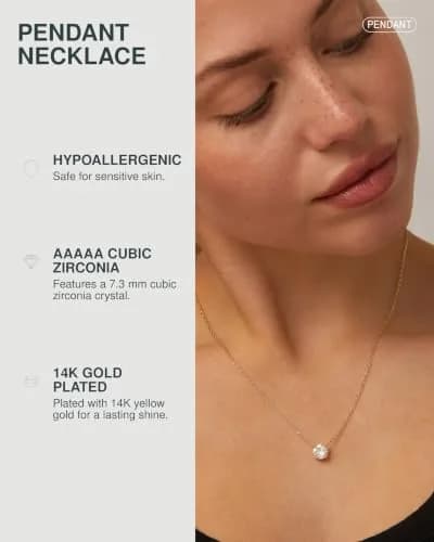 PAVOI Gold Necklace Dainty Solitaire Pendant 18 Inches | Cubic Zirconia, 14K Gold Plated, Yellow Gold thumbnail 2
