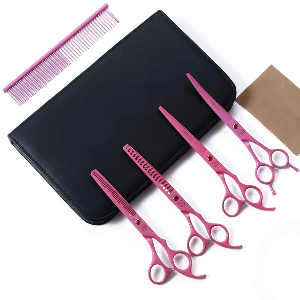 Moontay 7" Professional Dog Grooming Scissors Set of 5 with Pet Comb & Bag | Sharp, Ergonomic & Hand Forged — Pink