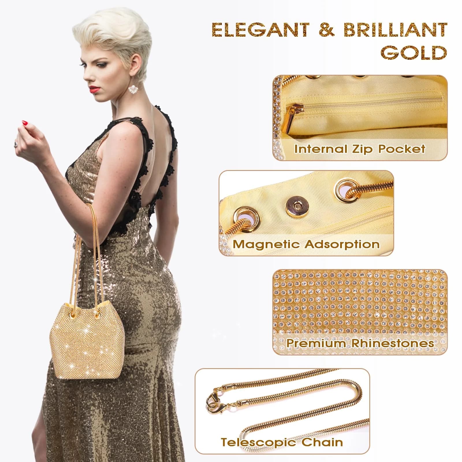 JIAN YA NA Bucket Gold X-Large Rhinestone Trihedral Clutch Evening Bag 11.3cm x 15.5cm - view 3