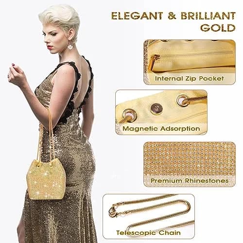 JIAN YA NA Full Rhinestones Bucket Bag for Women 15x11x16cm | Elegant Evening Shoulder Bag with Long Chain thumbnail 3
