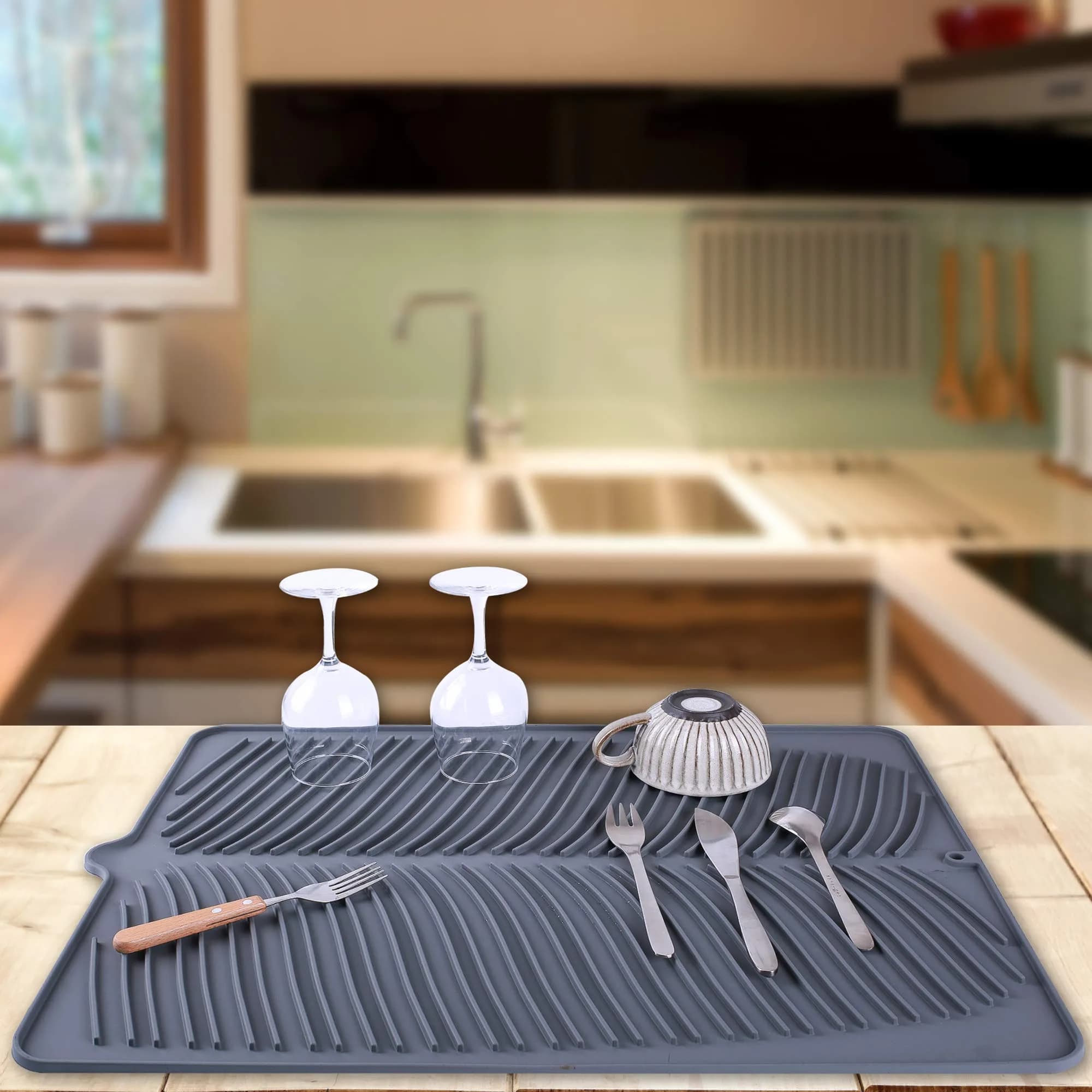 Yacee Gray Silicone Dish Drying Mat XL 61cm x 46cm (24" x 18") | Heat Resistant Trivet & Countertop Protector - view 3