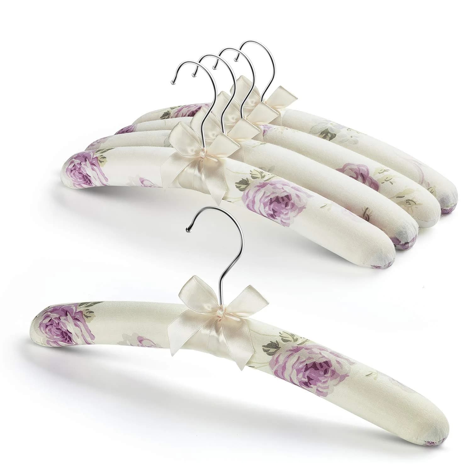 GLCON Satin Padded Clothes Hangers Pack of 5, Floral Foam Coat Hanger with Bow-Knot | Protects Delicate Garments - main product image