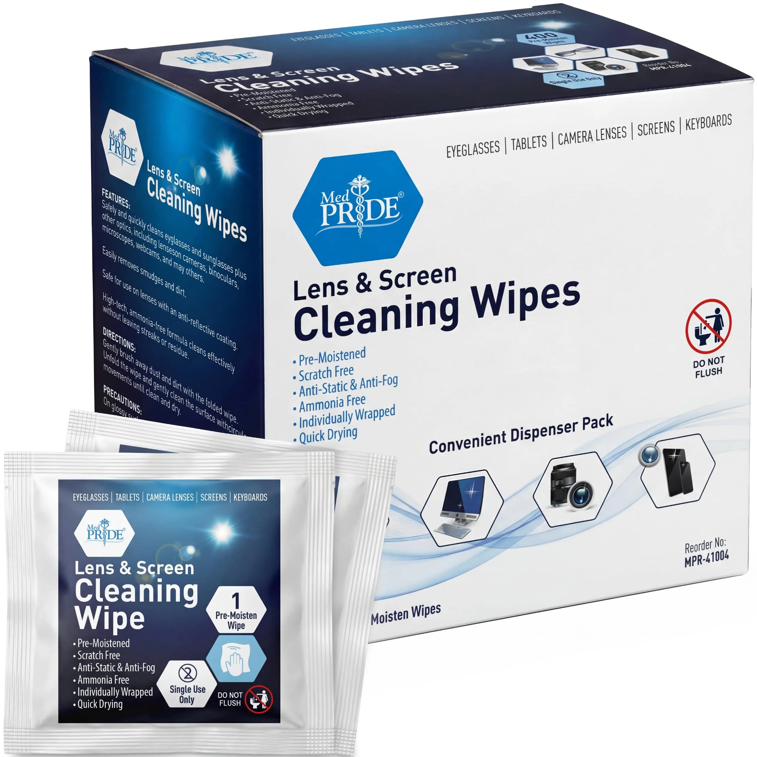 MED PRIDE Lens and Screen Cleaning Wipes 100 Count | Anti-Fog, Scratch-Free, Anti-Static for Eyeglasses & Devices