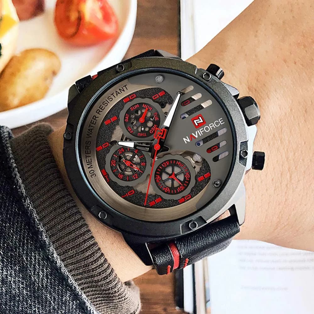 NAVIFORCE Men's Black, Red & Black Sport Military Watch — 4.8cm Case, 25cm Leather Band - view 4