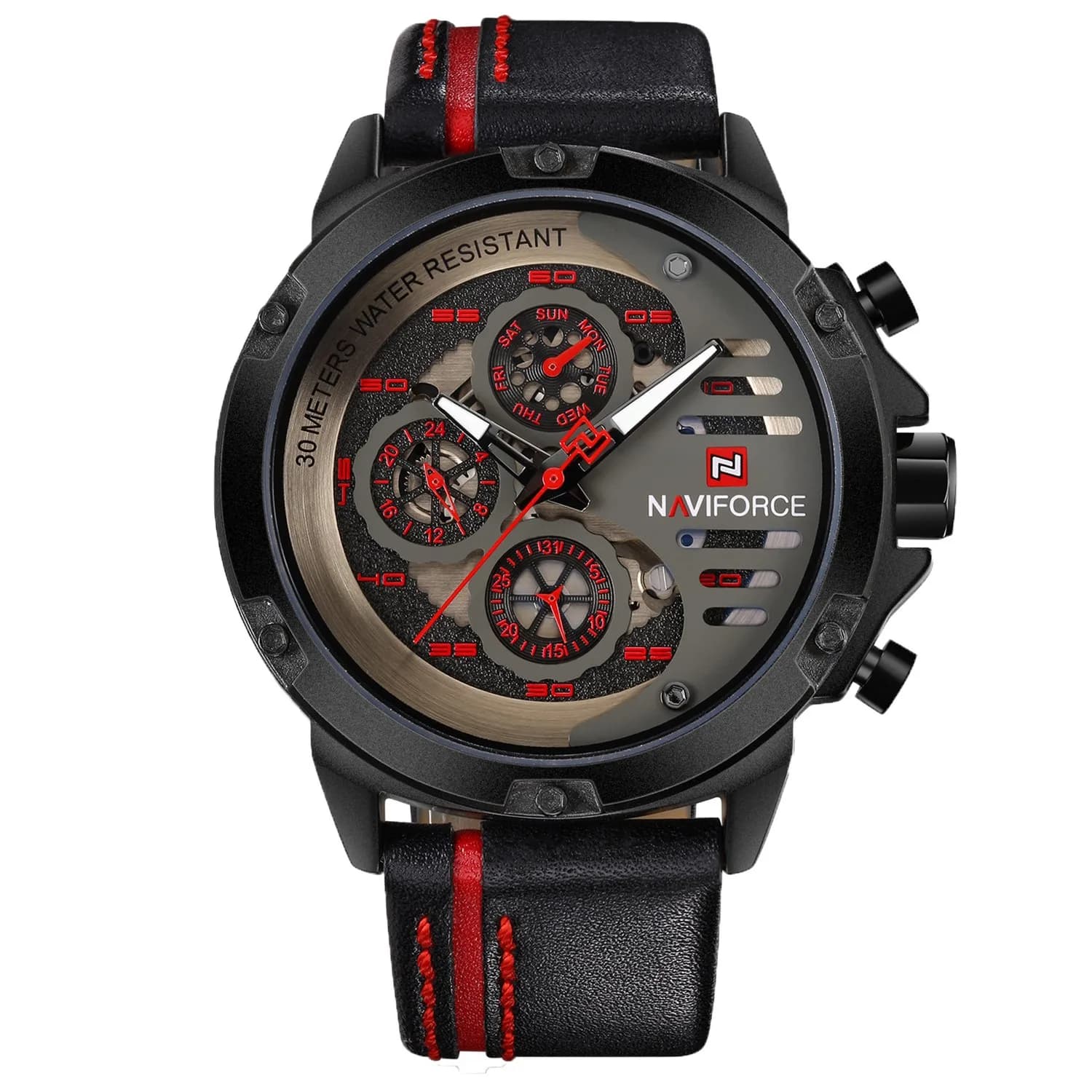 NAVIFORCE Men's Black, Red & Black Sport Military Watch — 4.8cm Case, 25cm Leather Band - main product image