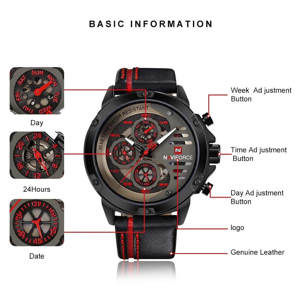 NAVIFORCE Men's Black, Red & Black Sport Military Watch — 4.8cm Case, 25cm Leather Band - view 2