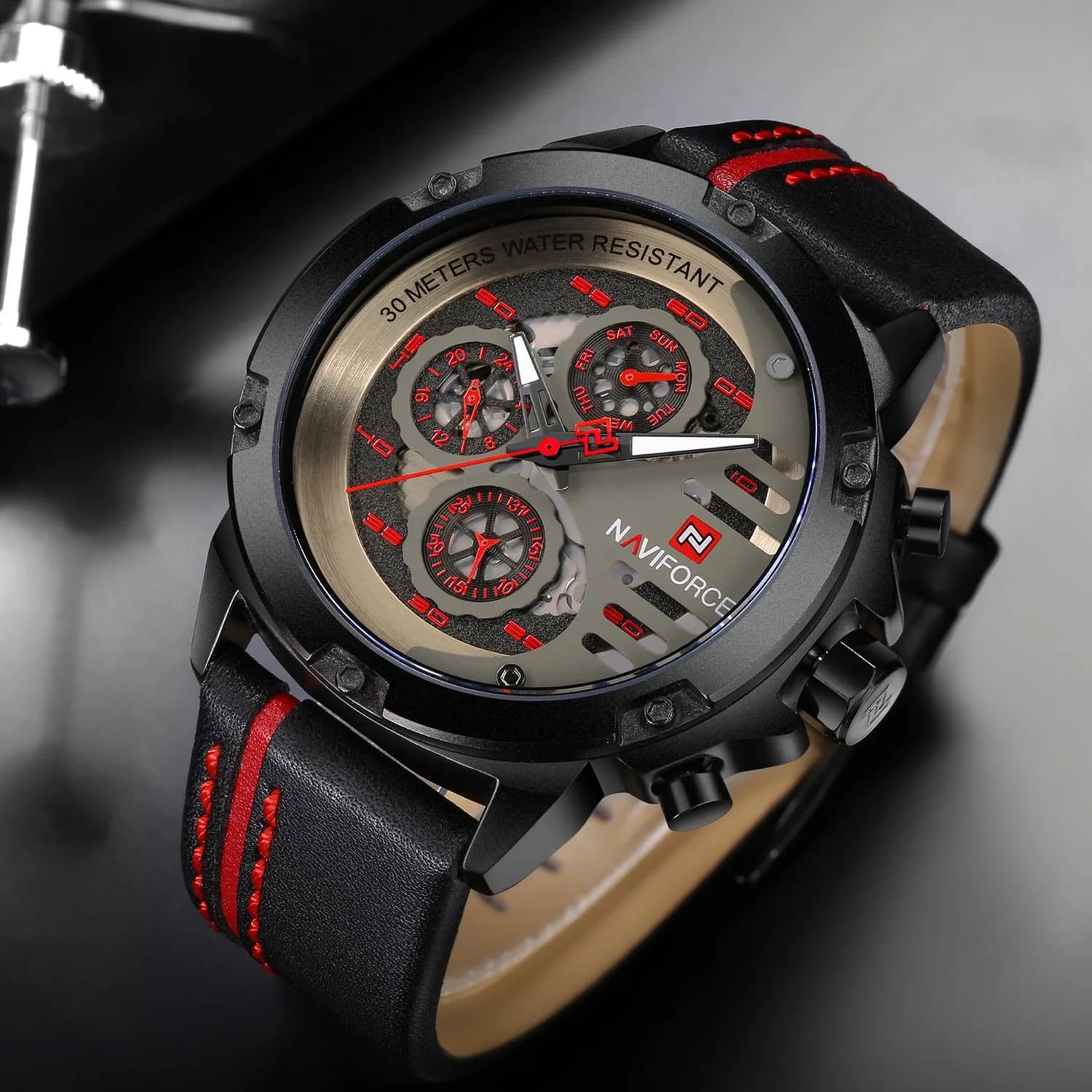 NAVIFORCE Men's Black, Red & Black Sport Military Watch — 4.8cm Case, 25cm Leather Band - view 3