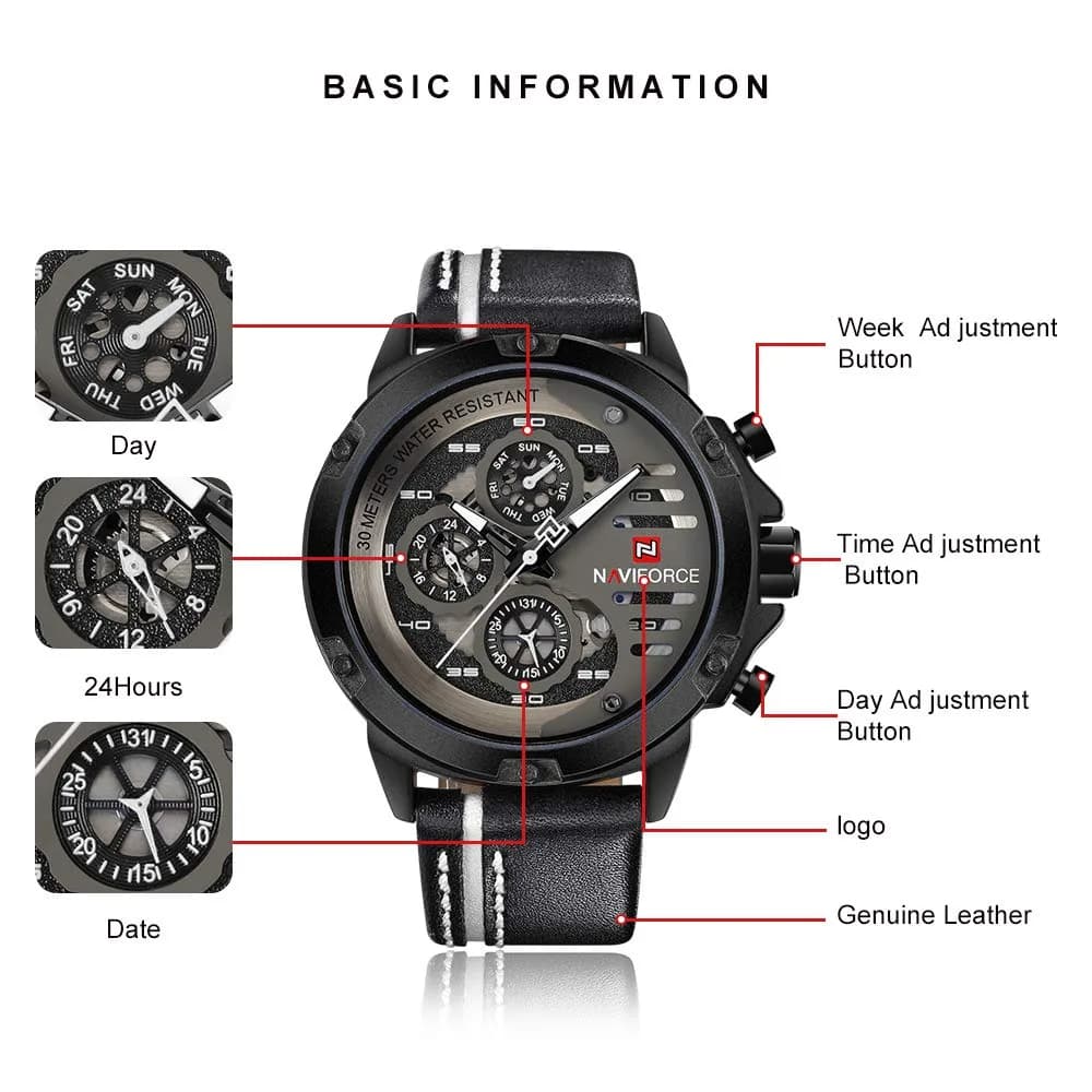 NAVIFORCE Men's Black, White & Black Sport Military Analog Quartz Watch with Date & Luminous Hands - view 2