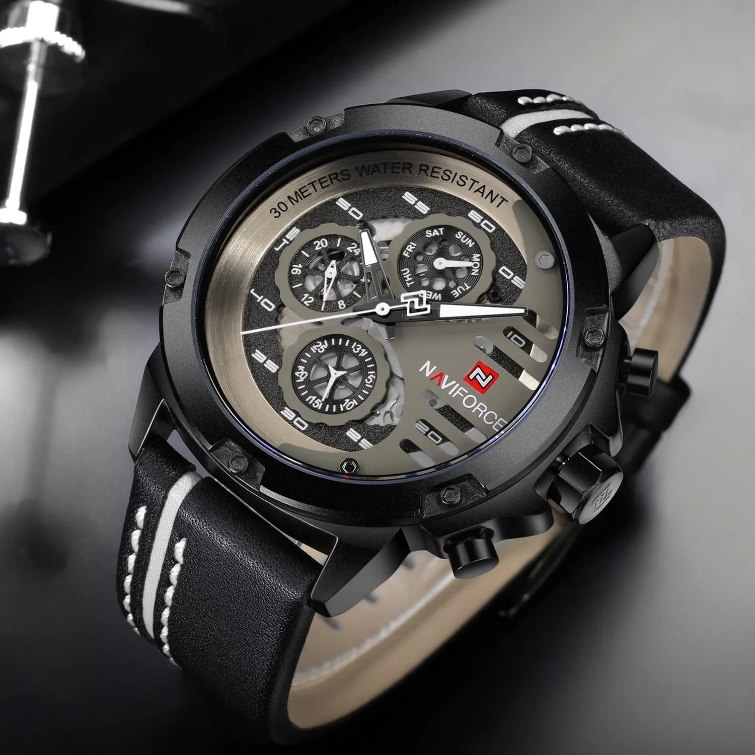 NAVIFORCE Men's Black, White & Black Sport Military Analog Quartz Watch with Date & Luminous Hands - view 3